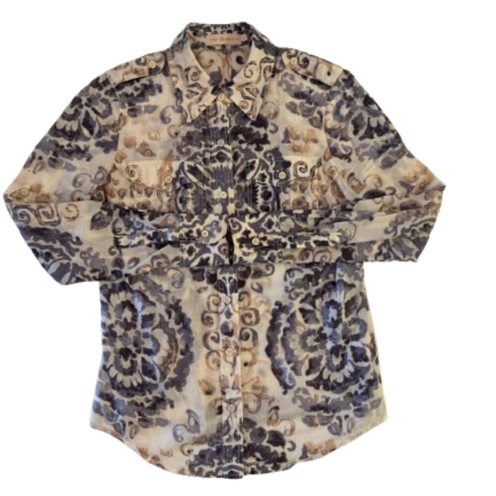 Tory Burch Button-Down Long Sleeve Shirt – Light Purple & Beige Print (Size 2)